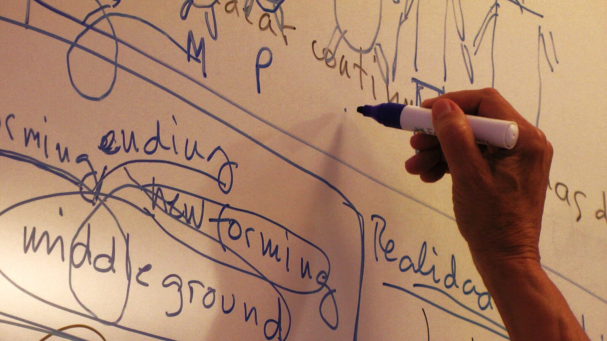 Uma mão faz anotações num quadro branco. Entre loopings desenhados com caneta azul, se lê: ending, new forming, middle ground e Realidade