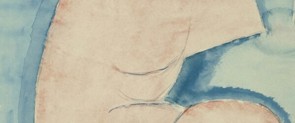 Desenho de um corpo humano aquarelado em tons rosados sobre um fundo azul